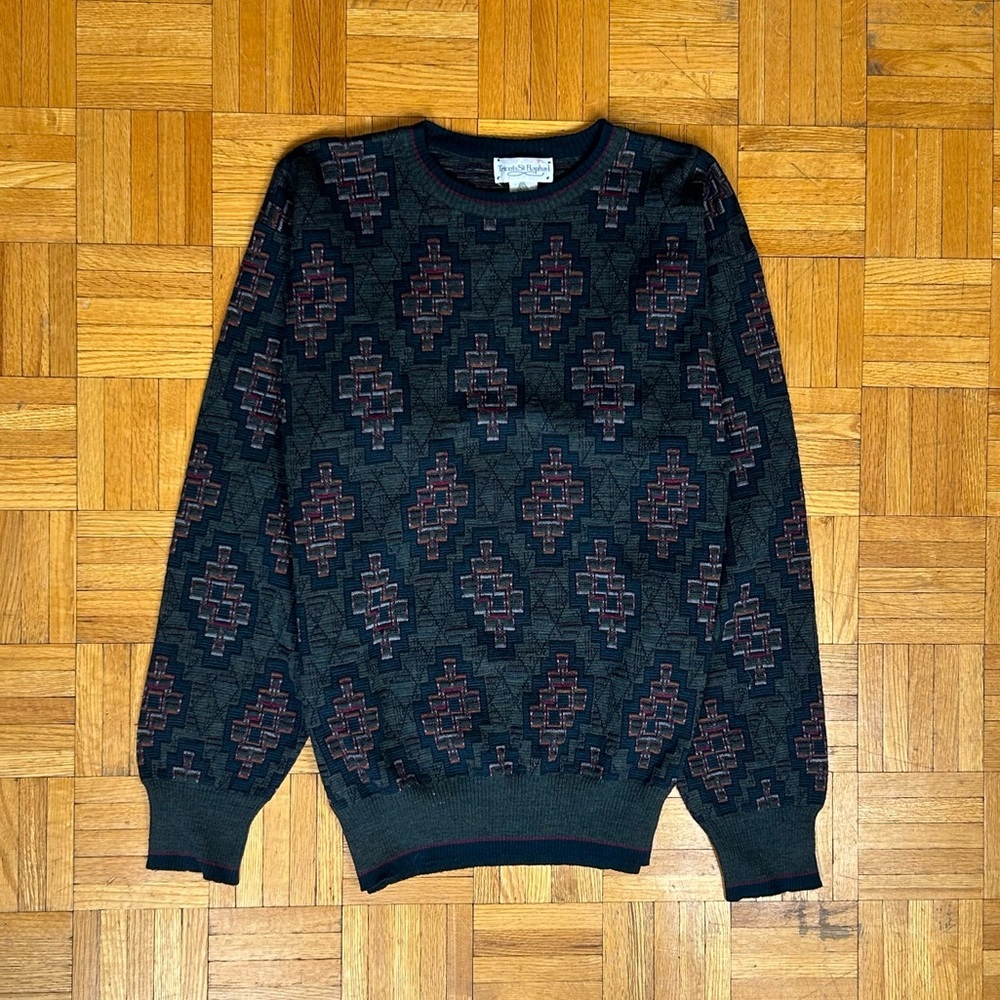 Tricots St Raphael Medium Vintage 1990's Green/Black/Brown Medium Wool Sweater
